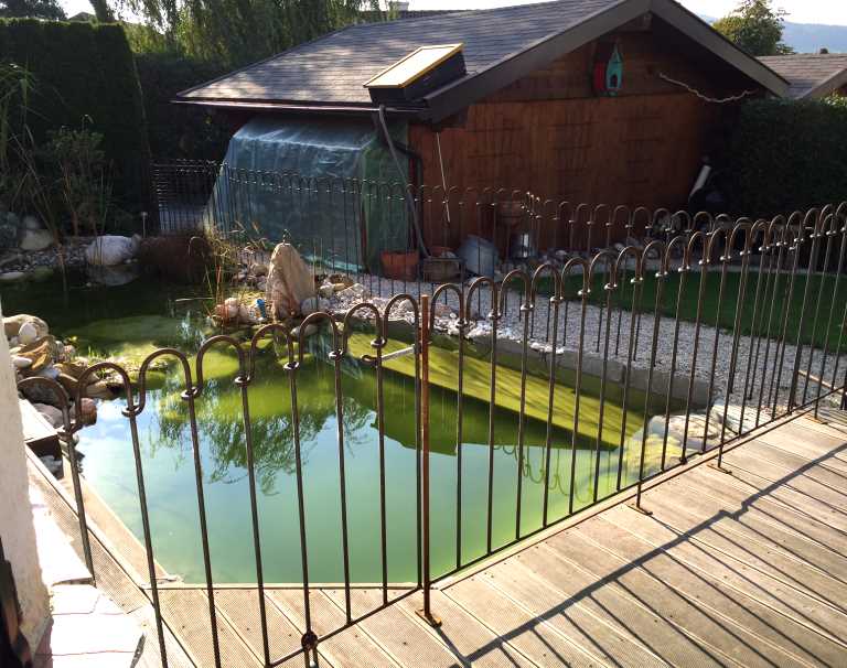 Terrassenelemente vor einem Schwimmteich auf Ihrer Gartenterrasse mit Gartenhaus