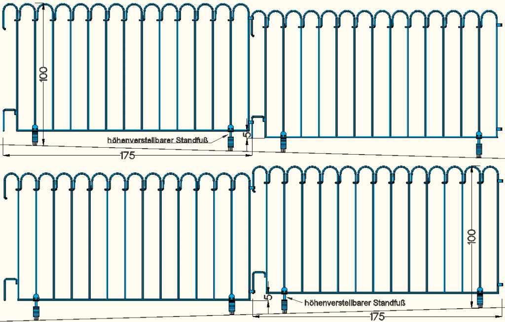 bei poolfix-Zaunelementen von 175 cm kann man den Sicherheitszaun bis zu einem Gefälle von maximal 2,85 % nutzen (5 cm auf 175 cm).